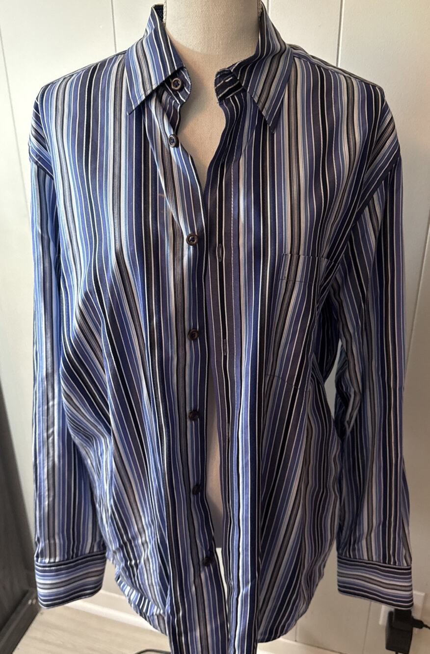 Bugatchi Uomo Dress Shirt Men's L Button Up Flip Cuff Blue Stripe YY